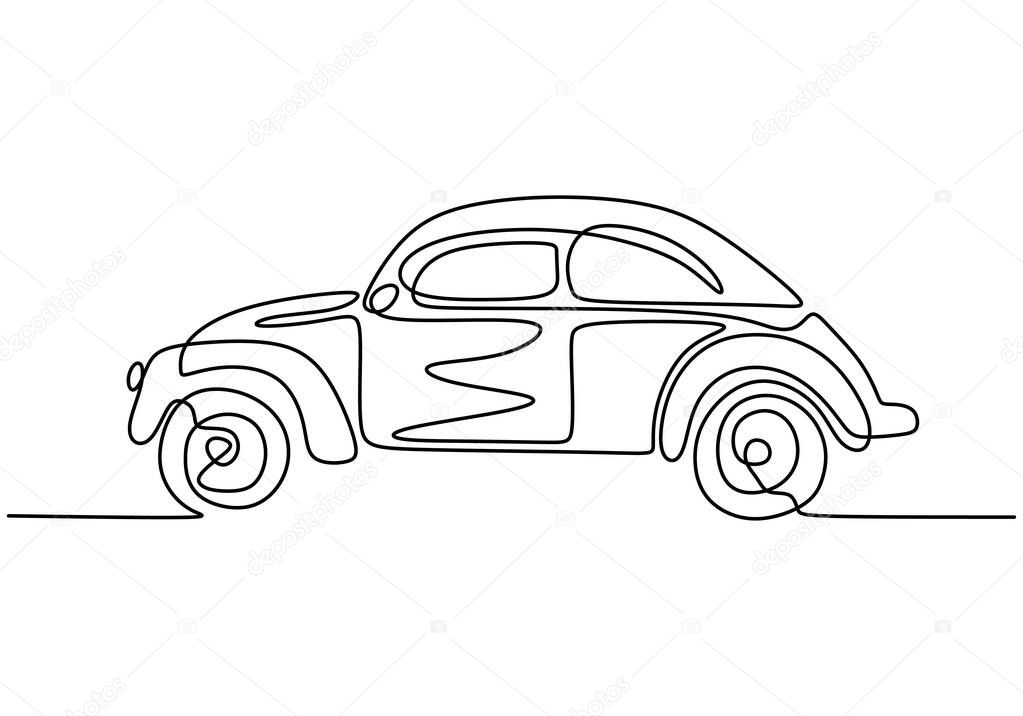 Antique car. One line drawing. Vintage and classic vehicle, vector illustration minimalism. Continuous single hand drawn sketch lineart.