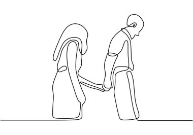 El ele tutuşan bir çift çiziyor. Romantik tema tasarımı, vektör çizimi. Aşık bir adam ve kadın.