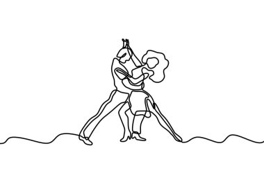 Dans eden çift bir çizgi çiziyor. Aşık vektör erkek ve kadın dans ediyorlar. Minimalizm sanatı el çizimi sürekli tek satır sanatı.