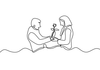 Birbirine aşık bir çift. Erkeğin bir kadına çiçek hediye ettiği bir resim. Romantik sürekli el çizimi insanlar. Minimalist ve basitlik tasarımı. Contour lineart minimalizmi.