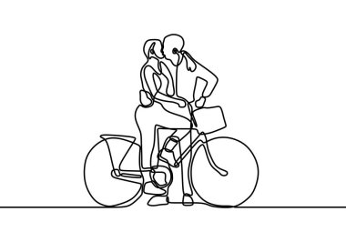 Tek sıra halinde birbirini seven bir çift çizdi. Bisiklete binen insanlar el çizimi resim silueti.