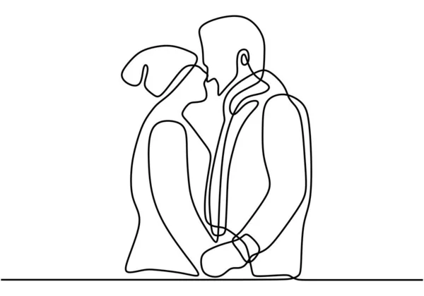 Continuo Una Sola Línea Dibujada Beso Romántico Dos Amantes Minimalismo — Vector de stock