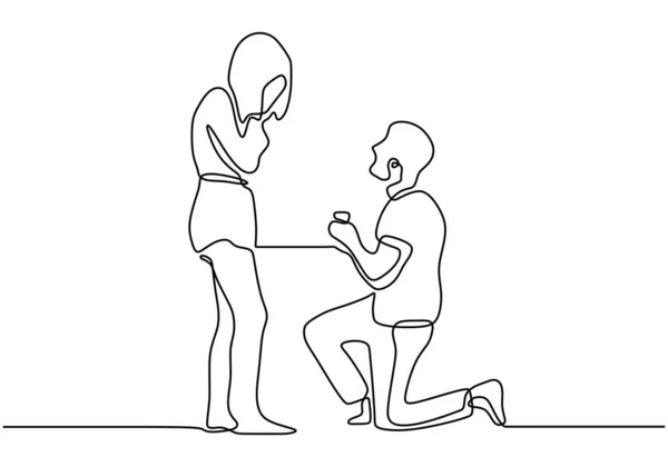 Une Ligne Dessinant Couple Amoureux Homme Qui Donne Une Bague — Image vectorielle