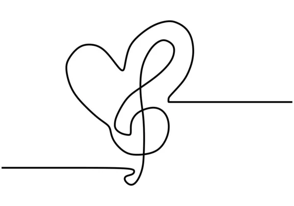 Disegno Continuo Una Linea Cuore Segno Amore Con Simbolo Musicale — Vettoriale Stock
