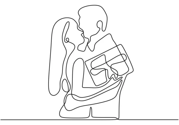 Couple Romantique Dessin Ligne Homme Donne Cadeau Femme Valentine Day — Image vectorielle