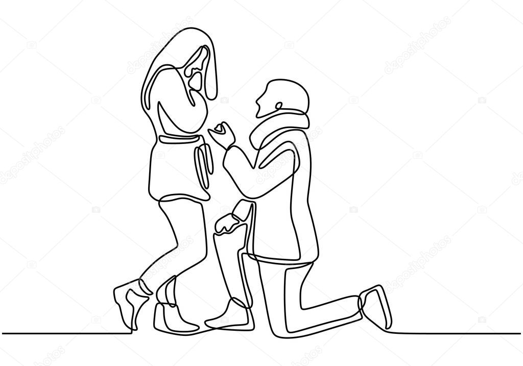 Continuous one line drawing of couple in love. Man sitting and give a wedding ring gift to the girl.