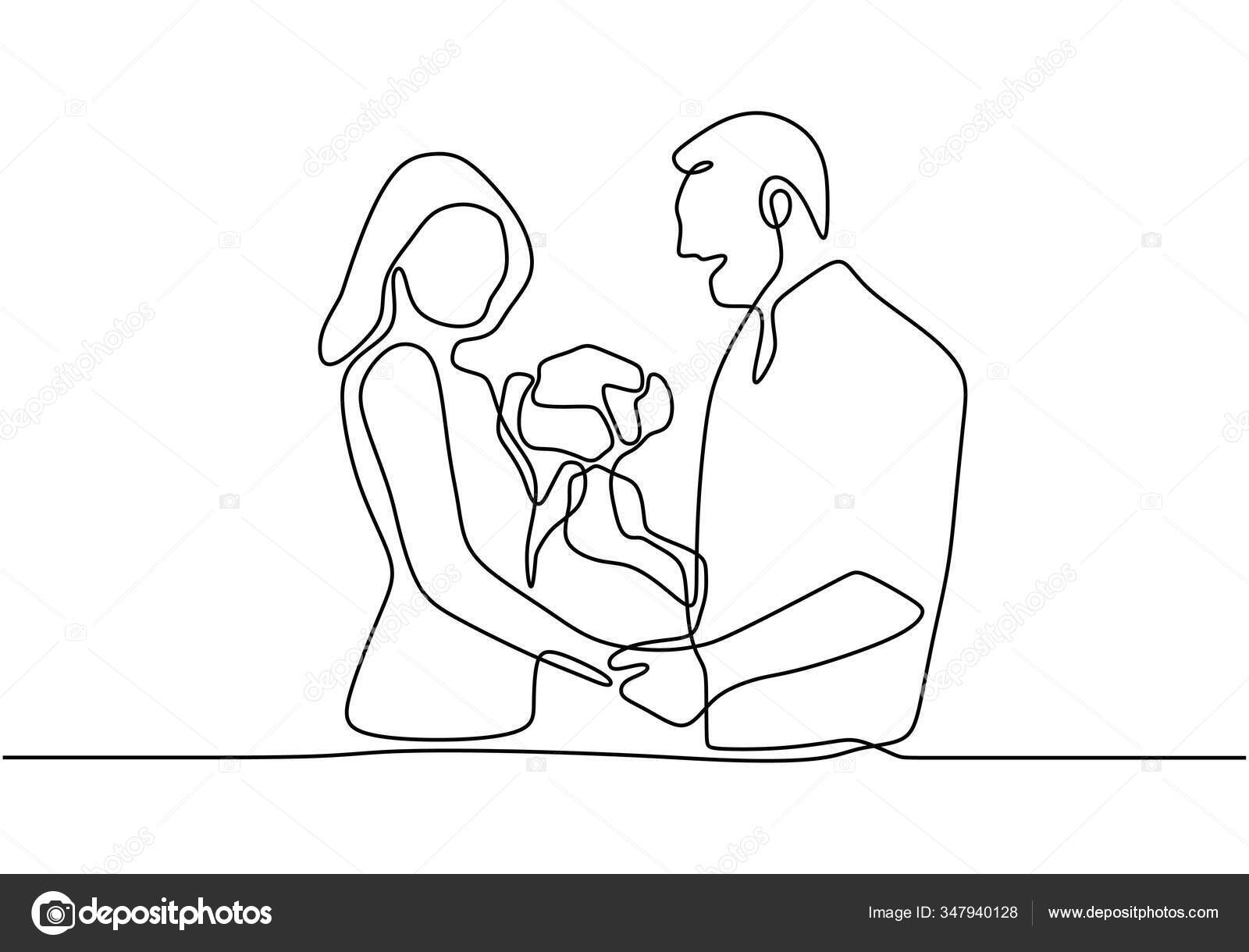 男は女性に花を与えます 一つの連続線画 ロマンチックなカップルのテーマデザイン ストックベクター C Ngupakarti