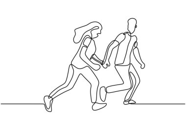 Birbirine aşık şirin bir çiftin çizimi. Erkek ve kadın koşuyor ve el ele tutuşuyorlar..