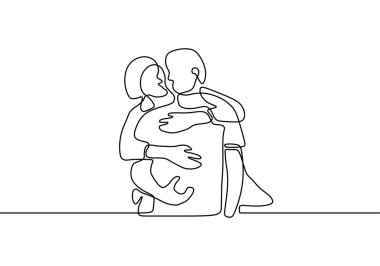 Birbirine aşık bir çift. Romantik sürekli el çizimi insanlar. Minimalist ve basitlik tasarımı. Contour lineart minimalizmi. İki kişi sarıldı..