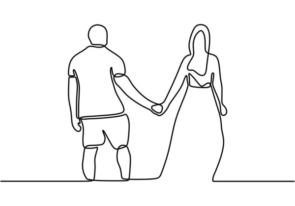 Une Ligne Tirant Couple Tenant Main Esquisse Romantique Dessinée Main — Image vectorielle