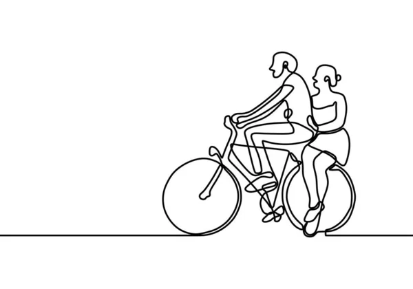 Contínua Única Desenhada Uma Linha Casal Amoroso Pessoas Andando Bicicleta —  Vetores de Stock