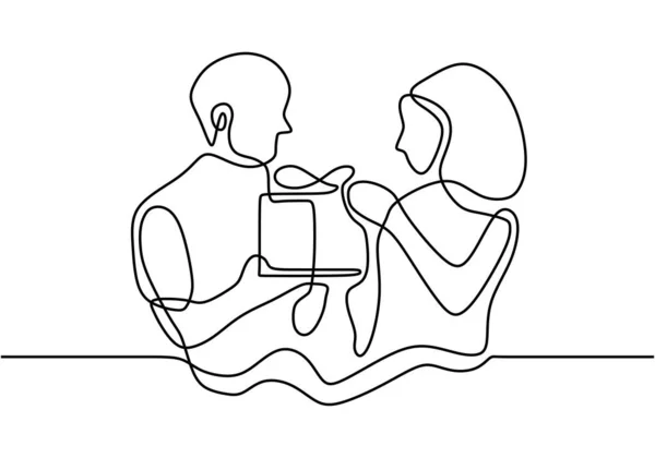 Una Pareja Enamorada Dibujo Continuo Del Hombre Dando Paquete Regalo — Vector de stock