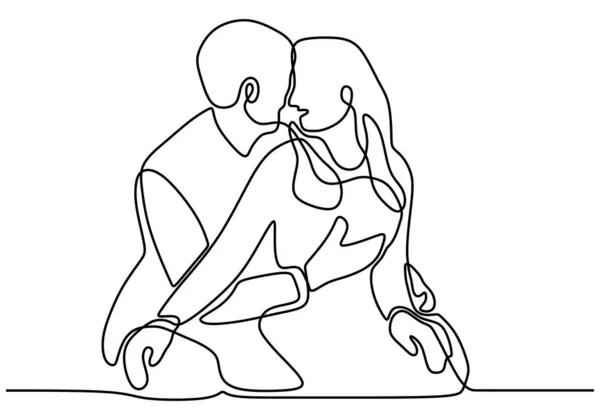 Continuo Una Sola Línea Dibujada Beso Romántico Dos Amantes Minimalismo — Vector de stock