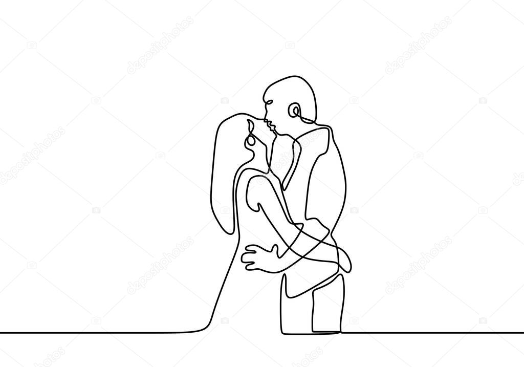 One line drawing of kissing. Couple in love theme design. Vector illustration of man and woman with intimacy relationship.