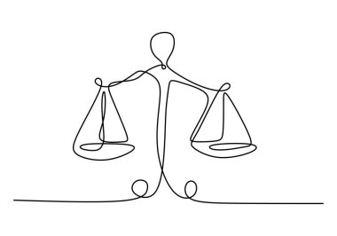 Hukuk dengesi bir çizgi, ya da mahkeme ve firmanın sembolü olan ölçek simgesi. Vektör illüstrasyonu kesintisiz el çizimi minimalizm tasarımı.