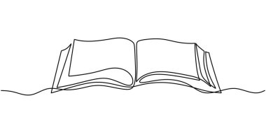 Bir satır çizimi, açık kitap. Vektör nesne çizimi, minimalizm el çizimi tasarımı. Öğrenim ve bilgi kavramı.