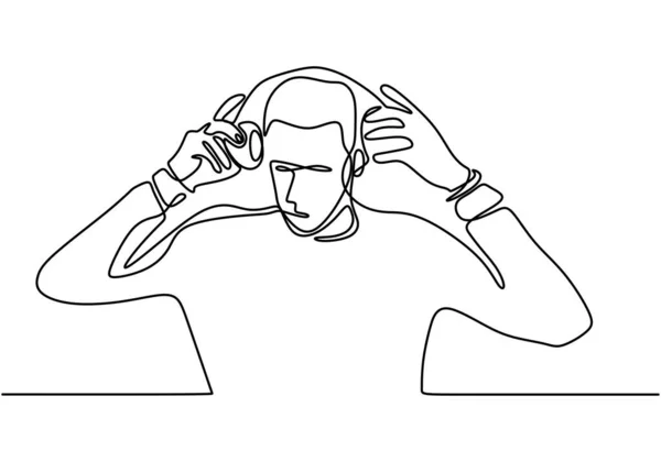 耳机中的人物肖像 一个连续线条绘图 — 图库矢量图片