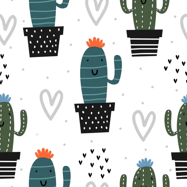 Modello Carino Con Disegno Cactus Senza Soluzione Continuità Disegnato Mano — Vettoriale Stock