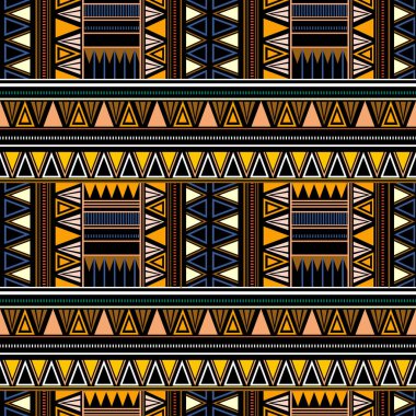 Siyah arka planda Afrika tarzında kusursuz kabile desenleri var. Üçgen el çizim motifleri, vektör çizimi.