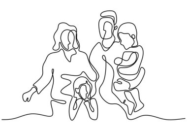 Mutlu aile baba, anne ve iki çocuğun oyun oynadığı çizgiler. Çocuklarla oynamak için çocuk parkında yürüyorum. Birlikte mutluyuz. Vektör illüstrasyonu