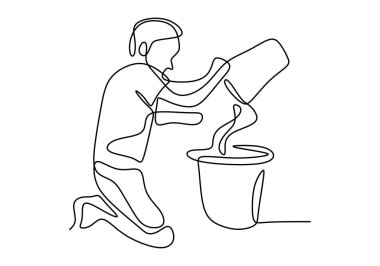 Kovada kum oynayan çocuğun sürekli çizdiği bir çizgi. Çocukların eğlence kumları, küçük, çocuk, eğlence, çocuk, şirin, çocukluk, çocuk. Çocukluk tema vektörü illüstrasyon minimalizm tasarımı.