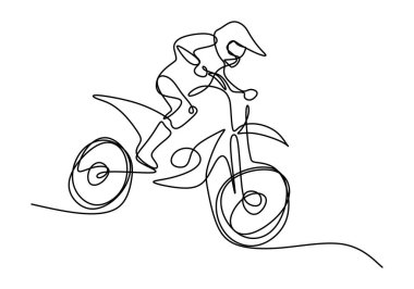 Motokros yarışçısının yarış pistindeki zemin tepesine tırmanışının tek bir çizgisi. Olağanüstü spor konsepti. Motokros yarışı afişi için modern sürekli çizgi çizimi tasarımı. Vektör illüstrasyonu.
