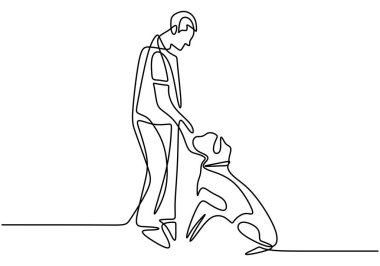 Genç ve mutlu bir adamın köpeğiyle oynadığı bir çizgi. Sevgi ve bakım konsepti. Vektör illüstrasyonu