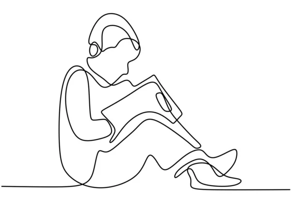 連続1線画 少年は座ってコピー本を書いている ベクターイラスト — ストックベクタ