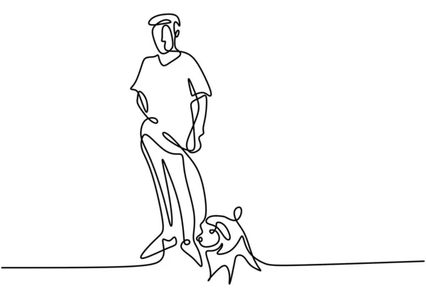 Dessin Ligne Jeune Homme Heureux Jouant Avec Son Chien Animaux — Image vectorielle