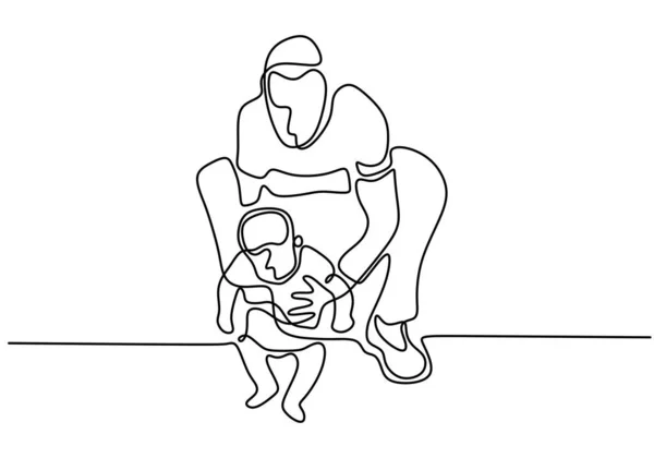 連続シングルは 赤ちゃんを保持する1行の父親を描いた 父は子供に歩くことを教える 子供を世話してる 家族の時間概念ミニマリズムスタイル — ストックベクタ