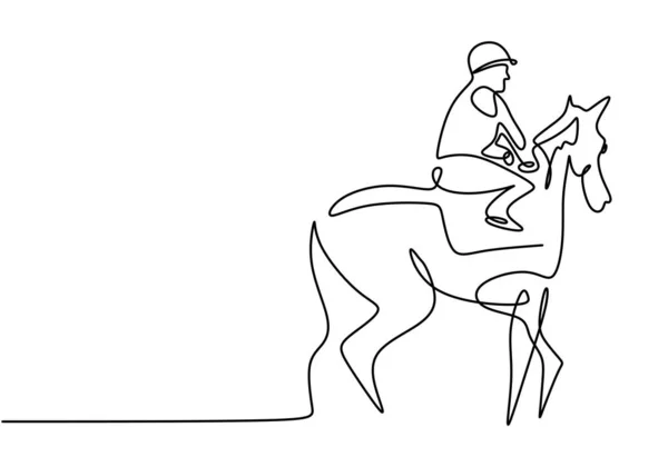 One Single Line Drawing Young Man Riding Horse Rider Horseback — Stock Vector