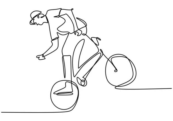 Единая Сплошная Линейка Рисования Юного Велогонщика Показывает Стенд Фристайла Велосипеде — стоковый вектор