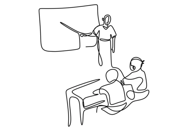教師の一本の連続線画は何かを説明し 学生に空白の板で教育を与える ベクターイラスト — ストックベクタ