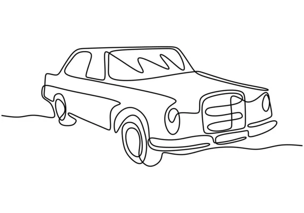 古いレトロなヴィンテージ自動車の一本の線画 古典的な輸送車両の概念 ほこりだらけの道路上のヴィンテージレースカーの運転 連続線画のデザインイラスト — ストックベクタ