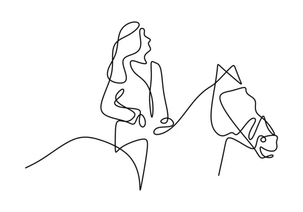 Непрерывная Одна Линия Рисования Всадник Лошади Молодая Наездница Женщина Выполняет — стоковый вектор