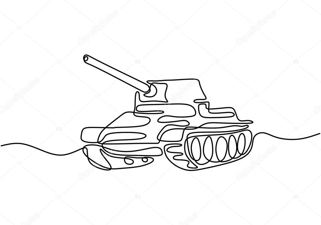 Tank continuous single line drawing, minimalism army transportation.