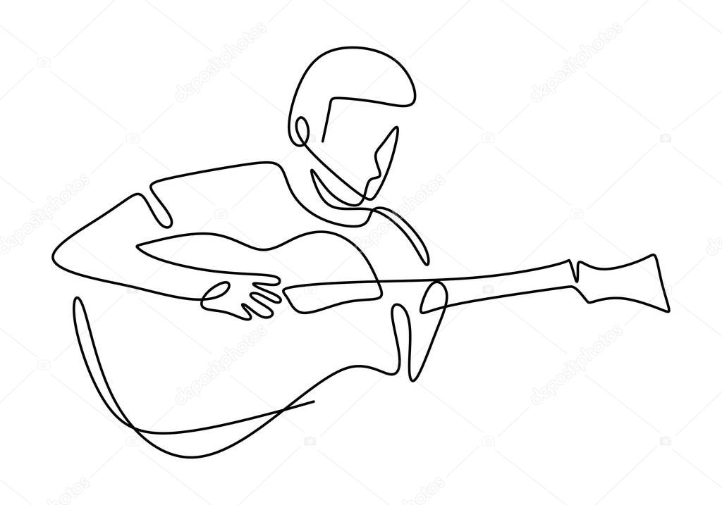 Person sing a song with acoustic guitar. Young happy male guitarist. Musician artist performance concept single line draw design illustration