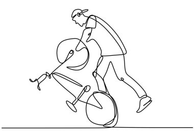 Bisiklet binicisinin bisiklet üzerindeki serbest stil gösterisinin tek sıra çizimi. Son derece riskli bir numara. Serbest stil için bir çizgi çizimi tasarım vektör illüstrasyonuName