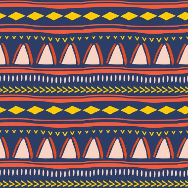 Siyah arka planda Afrika tarzında kusursuz kabile desenleri var. Halıda etnik desen var. Aztek geometrik vektör arkaplanı. Moda tekstil baskısı için hazır. Kadınsı renkler.