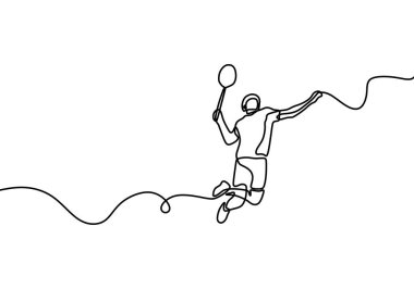 Genç, çevik badminton oyuncusunun tek sıra çizimi. Genç profesyonel smaç atlayışı. Spor konsepti. Badminton turnuvası için bir satır tasarım vektör çizimi.