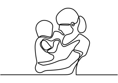 Anneler Günün kutlu olsun. Sürekli bir çizgi çiziyor. Kadın çocuğunu kucağına aldı. Annem ve onun bebek ilişkisi. Vektör illüstrasyonu