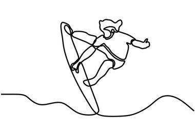 Sörf tahtasının üzerinde duran bir adam. Sörf sporu teması. El çizimi, vektör illüstrasyon sadeliği ve minimalizm tarzıyla yaz tatili etkinliği.