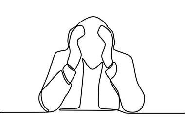 Stresli genç erkek işçilerin sürekli çizdiği bir çizgi. Depresyondaki genç satış müdürü oturuyor ve başını tutuyor. İşten atıldı. İşten atılma konsepti. Devamlı çizgi çizimi tasarımı illüstrasyonu.