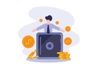 Tasarruf, düz vektör çizimi. İş adamı kiralık kasada para topluyor. Metafor iş konsepti yatırım, depolama güvenliği.