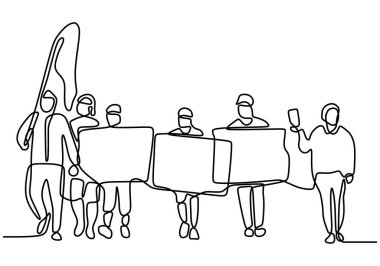 Devamlı çizilen bir çizgiyi protesto edin. Boş tahta ve bayrak taşıyan bir sürü insan. Eylemci ve sosyal mesele kavramı. Düzenlenebilir felçli vektör illüstrasyonu.