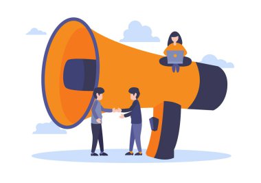 Yönlendirme sistemi, referans arkadaş, yeni grup düz stili önererek para kazanmak. Düz vektör çizimi, iki kişinin el sıkışması, büyük megafon kornası ve dizüstü bilgisayarlı pazarlamacı kadın..