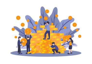 Vektör çizimi, yatırım yönetimi. Şirket karına çalışan insanlar, başarı için kariyer büyümesi, performans stratejisi, düz renk simgeleri, iş mecazı.