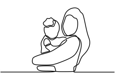 Bir çizgi çizmeye devam edin, anne ve bebek. Anneler günün kutlu olsun. Aşk ve ilgi teması.