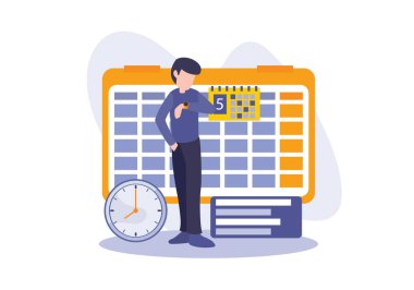 Zaman yönetimi konsepti. Vektör illüstrasyon düz tasarım tarzı. Saati ve takvimi olan bir adam. Pankart, ui, broşür, ağ, iniş sayfası ve poster ögeleri.