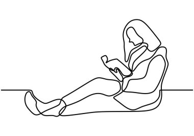 Yatakta kitap okuyan bir kız. Evinde dinlen. Kız oturuyor ve yatakta bir kitap okuyor. Kaliteli zaman. Vektör çizimi beyaz arkaplanda izole edildi. Sürekli çizgi çizimi.